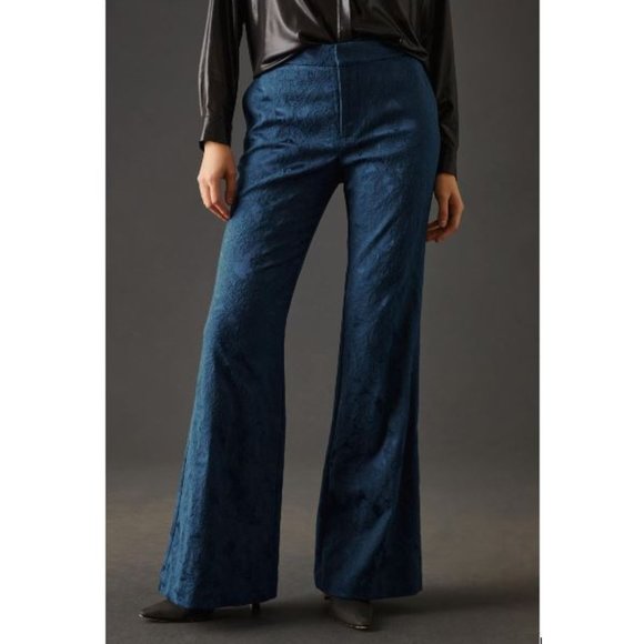 By Anthropologie Damask Jacquard Flare Pants in Navy - Size 6 - NWT - Picture 2 of 7